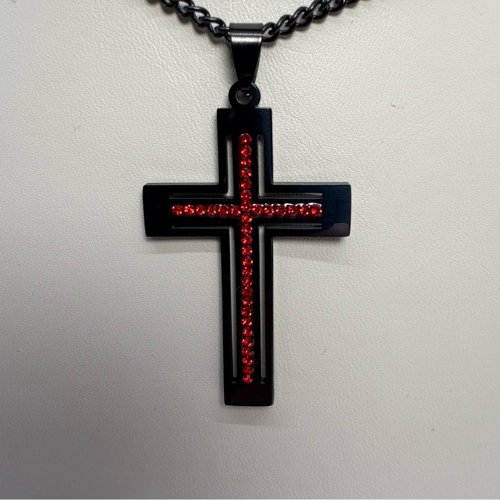 Black Simulated Shiny Red Ruby Cross With Black Curb Chain (Brand New)